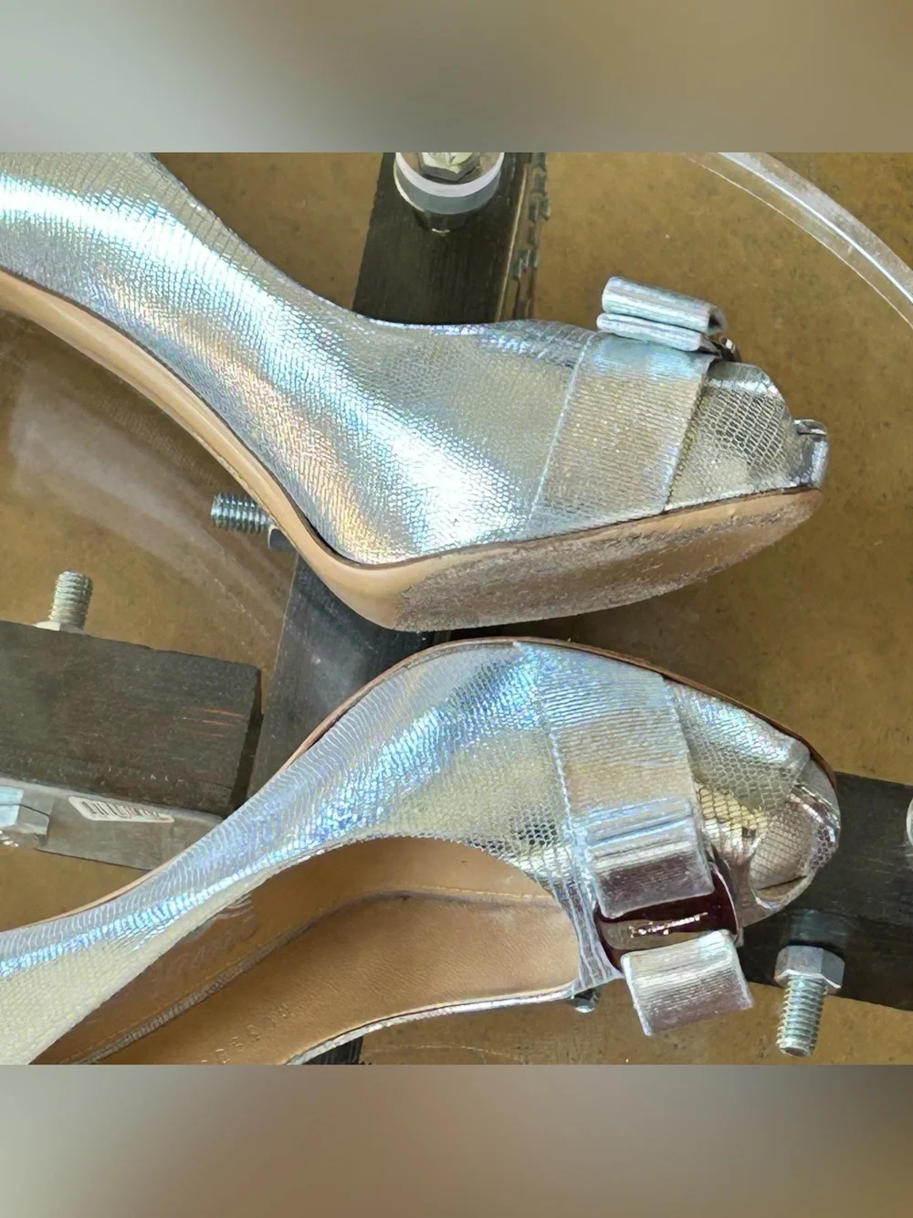 Salvatore Ferragamo Y2K Metallic Silver Peep Toe Stiletto Pumps, sz 8